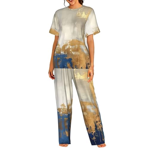 Pyjama manches courtes femme imprimé bleu et or doux et respirant