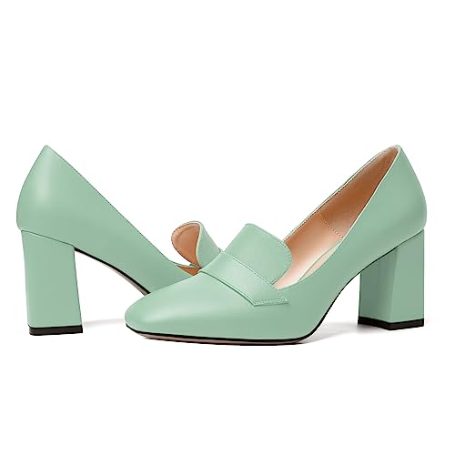 Image of MODENCOCO Womens Sexy Formal Matte Slip On Square Toe Work Block High Heel Loafers Shoes 3.5 Inch