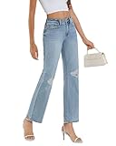 APUOR High Waisted Ripped Jeans Women's Straight Leg Distressed Jeans Trendy 2025 Wide Leg Denim Pants Lake Blue 8