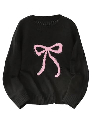 Image of BEAUDRM Girl's Bow Sweater Crew Neck Cute Sweaters Long Sleeve Knit Pullovers Sweater