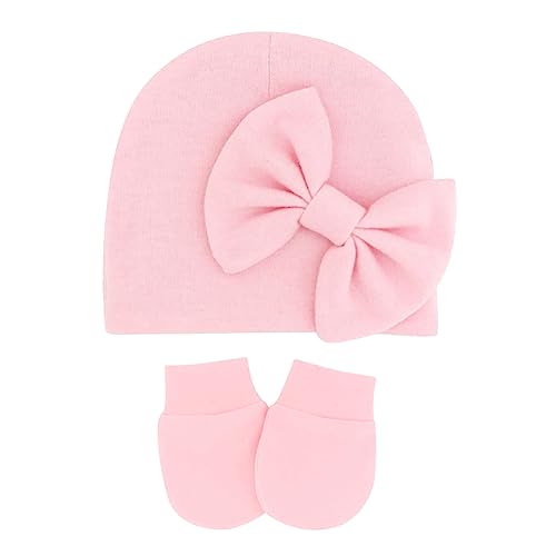FSSTUD 1 Set Newborn Baby Hospital Hats Mittens Soft Bow Infant Cap Cute Nursery Beanie Baby No Scratch Gloves for Boys Girls Pink