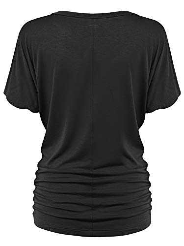 Made By Johnny MBJ WT1037 V Neck Short Sleeve Dolman Top with Side Shirring XS Black - Thumbnail 3