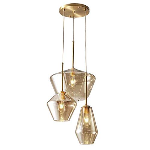 Glass 3 Heads Hanging Pendant Light, Champagne Gold Glass Chandelier Pendant Lighting for Kitchen Linear Island Living Room, Flush Mount and Adjustable Height Pendant Ceiling Lighting Fixture