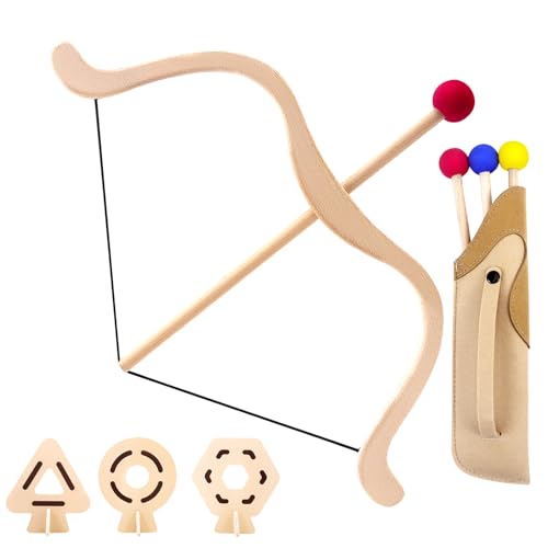 Pfeil und Bogen Kinder, Bogenschießen Holzspielzeug mit 3 Pfeilen 3 Zielen und Köcher, Bogenschießen Kinder Set für Ddrinnen und Outdoor Spielzeug ab 3 Jahre Junge Mädchen