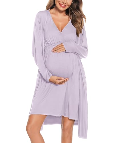 Image of SWOMOG Women Maternity Nursing Gown and Robe Set 3 in 1 Labor Delivery Nursing Nightgown for Breastfeeding Hospital Bathrobe