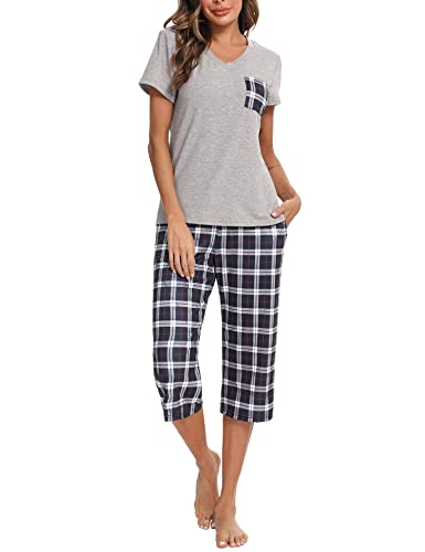 iClosam Pyjama Femme Été en Coton Ensemble de Pyjama Court à Carreaux VêTements de Nuit à Manche Courte Tenue de Nuit 2 Pièces avec T-Shirt et Pantalon...
