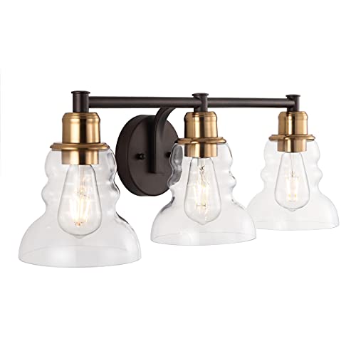 Image of JONATHAN Y 25.5 inch Brass Gold /Oil Rubbed Bronze Modern Industrial Rustic 3-Light LED Vanity Light with Clear Glass Shade, Vintage Wall Sconce for Bathroom Kitchen Hallway, LED Bulb Included (JYL3546A)