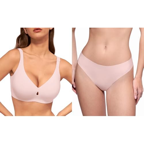 LUCKMEEY Full Coverage Comfortable Everyday Bra Pink M & Cotton Thongs for Women Pink M