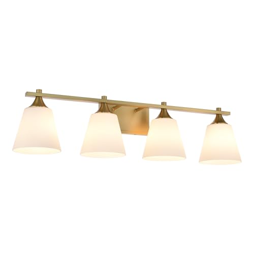 Image of Brass Bathroom Vanity Light Fixtures, 4 Lights American Traditional Gold Vanity Lighting Fixture with Opal Glass Shade, Porch Wall Mount Light Fixture for Bathroom, Mirror Cabinets Hallway Stairs