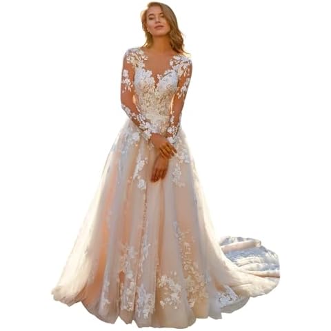 Miao Duo Modest A Line Wedding Dresses V Neck Long Sleeves Lace Tulle Wedding Dress with Train White 6 Cover
