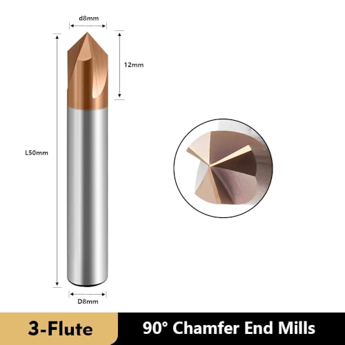 Image of Carbide Chamfer End Mills CNC Carving Bits 3 Flute TiSiN Coating V Groove 90 Degree for Different Material Like Steel Aluminum Copper Alloy 5 Pcs D8*50mm