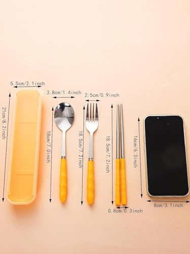 Image of Favria 3 Piece Stainless Steel Spoon,Fork and Chopstick Portable Travel Spoon Box Anti Slip Cutlery Set for Office Lunch Box,Travel, School,Picnics,Camping and Outdoor Home Utensil Set (Yellow)