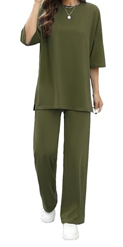 Womens 2 Piece Outfits Short Sleeve Set Wide Leg Pants Casual Trendy Pullover Lounge Set3
