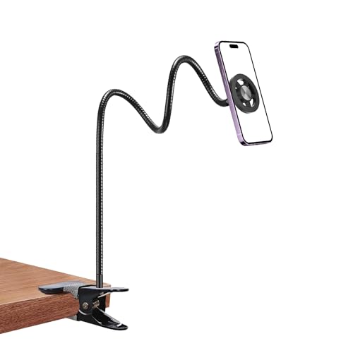 LenTok Magnetic Cell Phone Stand Holder for Bed Laying Down, Lazy Bedside Gooseneck Phone Mount with Clamp Clip for Desk, Desk Tripod for iPhone, Compatible with Magsafe All Smartphone