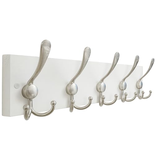 Image of SKOLOO Creations White Solid Wood Wall Mounted Coat Rack, 5 Hooks, 16-7 /8 inch Long - Kitchen, Mudroom, Entryway, Bathroom - Includes Mounting Hardware, Wall Coat Hanger, Towel Rack