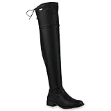  stiefelparadies Damen Overknees Stiefel Leicht Gefütterte Boots Leder-Optik Schuhe 152699 Schwarz Schleifen 40 Flandell