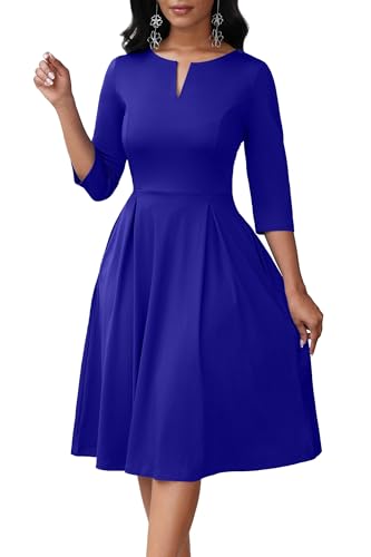 Nmoder Midi Dresses for Women - Semi Formal 3/4 Sleeve V Neck A-Line Cocktail Wedding Guest Royal Blue Dress with Pockets L