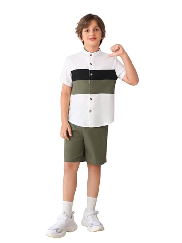 Image of GORGLITTER Boy's Short Sets Clothing Set Button Down Short Sleeve Shirt and Shorts Summer Outfits 2 Piece 8-12Y Army Green 12Y