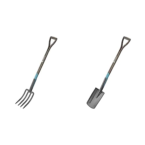 Gardena & NatureLine Pointed Spade, Coated Garden Spade for Turning Over and Removing Soil, Safe Foot Rest, FSC-Certified Ashwoo D-Handle (17001-20),black, anthracite, turquoise
