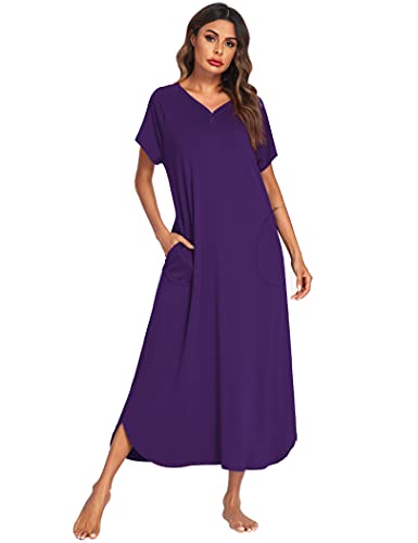 Image of Ekouaer Long Nightgown Women's Loungewear Short Sleeve Sleepwear Full Length Sleep Shirt with Pockets
