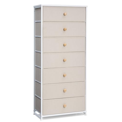 Image of Fabric Dresser for Bedroom, Wide 7-Drawer Tall Vertical Tower (Beige)