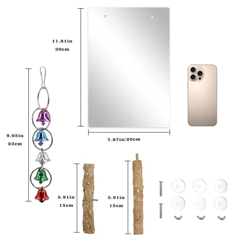 Image of Large Bird Stand Perch with a Mirror and Bells, Bird Toys, Parrot Perch Stand, Cage Accessories for African Grey Budgie Cockatiel Lovebird Conure Small to Medium