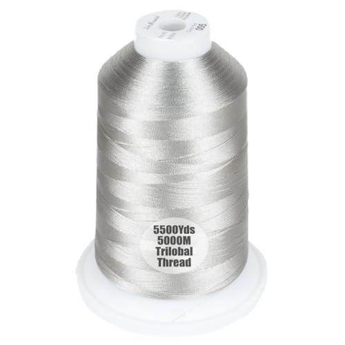 Simthread Trilobal Polyester Thread – 5000M (5500yds) No.40 – Super Sheen, Tangle-Free – Built-in Thread Lock Spool – Compatible with Brother, Singer, Janome & More, Silver-005