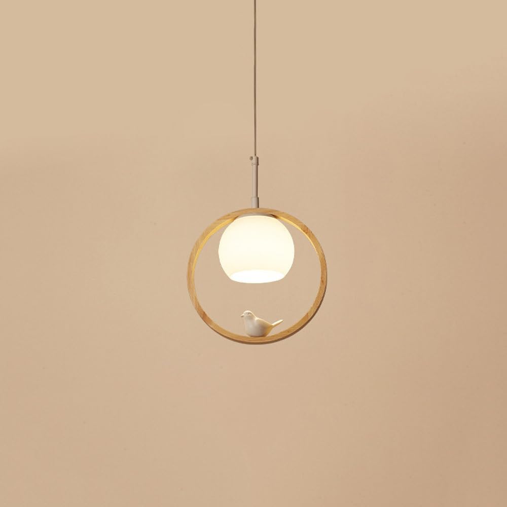 Lampada a sospensione circolare in legno con paralume in vetro bianco e uccellino in resina, illuminazione a sospensione,Plafoniera Lampadario Da Soffitto