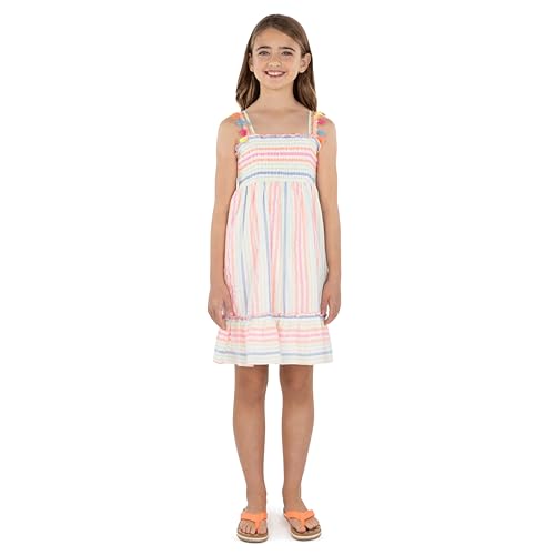 Speechless Girls' Striped Cotton-Linen Smocked Dress with Tassel Trim & Flounce Hem