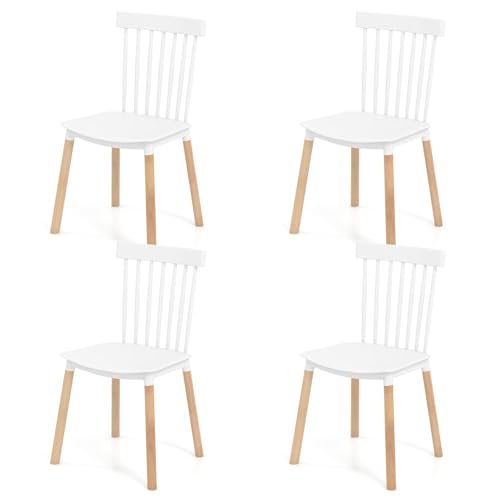 TANGZON Dining Chairs Set of 4, Windsor Style Kitchen Chairs with Spindle Back, Beech Wood Legs & Anti-slip Foot pads, Side Reception Chair for Home Dining Living Room Restaurant (White+Natural)