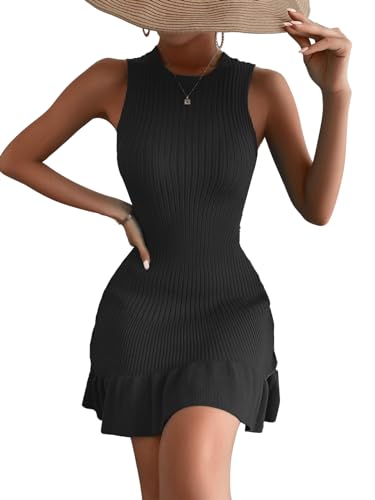 Image of MakeMeChic Women's 2025 Summer Dress Casual Crochet Ribbed Knit Ruffle Hem Sleeveless Bodycon Tank Mini Dresses