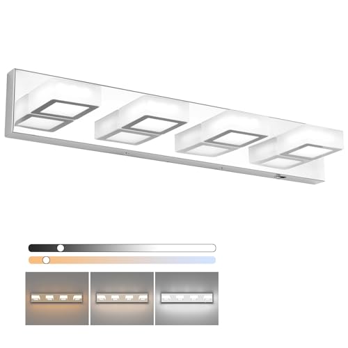 Image of Ralbay Modern Led Chrome Bathroom Vanity Lights 5 Color Temperature Dimmable Acrylic Modern LED Chrome Bathroom Lighting Fixtures Over Mirror