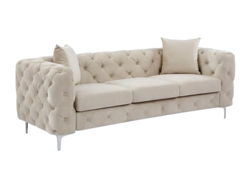 Vente-unique - Canapé 3 Places Chesterfield en Velours Beige Edwina