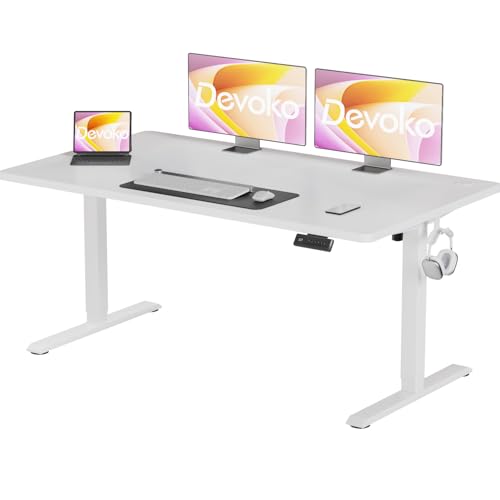 Devoko 140x60cm Elevable Eléctrico con Tablero de Una Pieza, Mesa Escritorio Elevable Regulable en Altura 72-116 cm, Standing Desk con 4 Alturas de Memoria Blanco