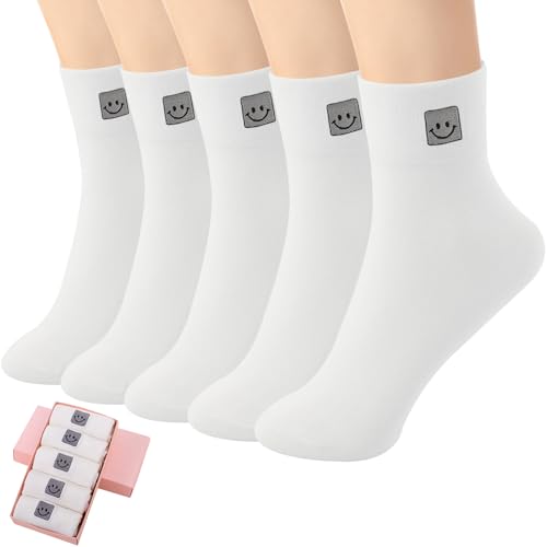 Image of HUGSWEET Cotton Soft Comfy Crew Ankle above Socks for Women Gift 5-10 Pairs | Colorful Casual Cute Funny Smiley Face Quarter Mini Crew Thin Socks, Elastic Lightweight Gifts for Women