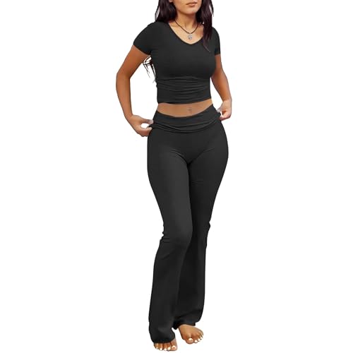 chicyes Lounge Sets for Women 2 Piece Foldover Yoga Flare Leggings Pants Crop Tops Casual Y2K Outfits Matching Tracksuit Set