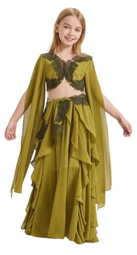 Girls' Elegant Olive Green Chiffon Dress Lace Trim Ruffled Skirt Flowing Cape Sleeves Vintage Folklore Dresses4