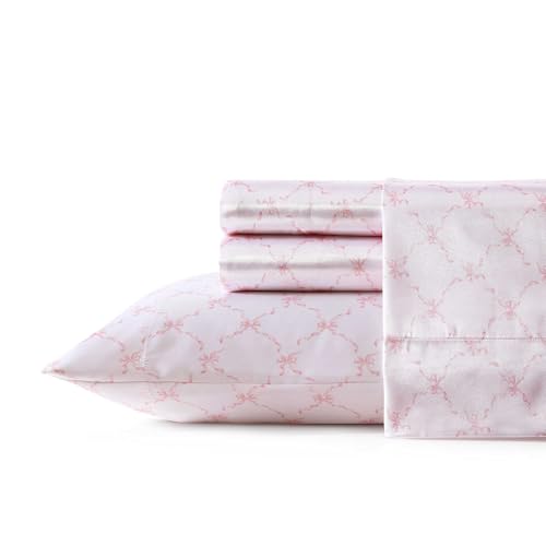 Laura Ashley - Queen Bed Sheets, Printed Satin Bedding with Matching Pillowcases, Deep Pocket, Lightweight for Year-Round Use, Oeko-Tex Certified (Bow Ribbon Pink) by Laura Ashley - Used condition - Image 2