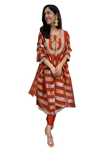 Kurta Dupatta brodé orange pour masquer les rondeurs taille L