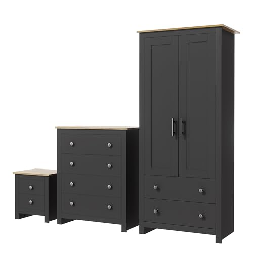 Nera 3 Piece Bedroom Furniture Set Wardrobe with Drawer Chest of Drawers and Bedside Cabinet Bedroom Storage (Grey on Oak)