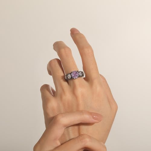 Image of Jeulia Women's Three-Stone Purple Rose Ring, Sterling Silver Black Plated, Shakespeare Inspired Midsummer Night Love-in-idleness Ring, Romantic Gift for Her
