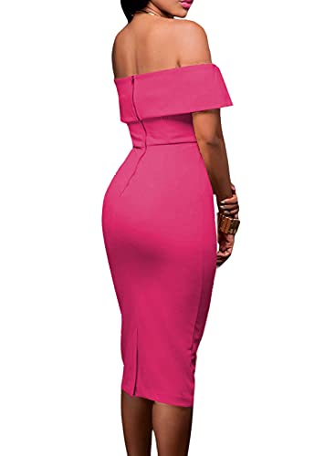 AlvaQ Women's Sexy Off The Shoulder V Neck Bodycon Club Midi Dress Rose Large