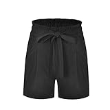 Womens Shorts High Waist Retro Casual Fit Elastic Waist Pocket String Pants Black