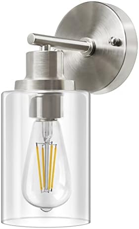 Kimjo Bathroom Wall Sconce, 1 Light Bathroom Vanity Light Brushed Nickel, Modern Wall Light Fixtures with Glass Shade, Industrial Wall Sconce Lighting for Bedroom Kitchen Hallway Farmhouse Wall Lamp