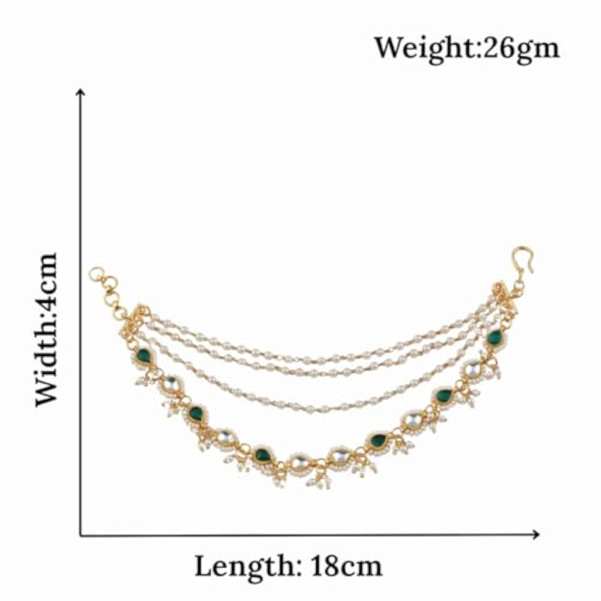 Gold Plated Pearl & Green Stone Kundan Ear Chain, Bridal