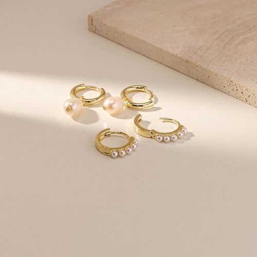 Image of Gold Plated Earrings for Women, 14k Gold Plated Earring Stack Hypoallergenic Pearl Drop Earring Dainty Earrings for Women Trendy Cute Small Huggie Hoop Earring Fashion Womens Jewelry