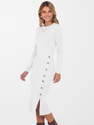 ANRABESS Womens 2025 Fall Long Sleeve Midi Dress Ribbed Knit Bodycon Fitted Button Down Wedding Guest Slit Sweater Dresses