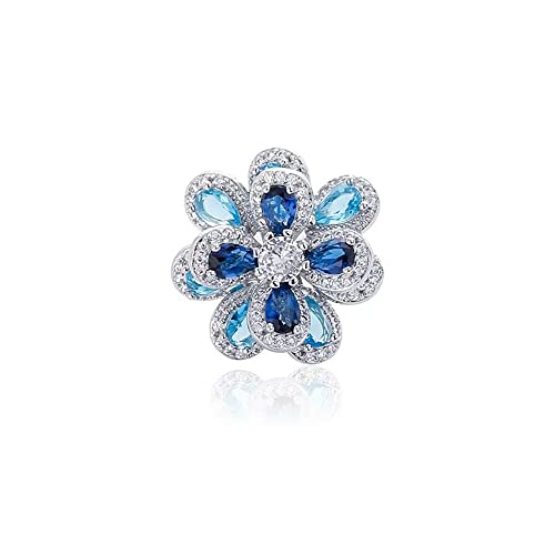 Izpack Exquisite Camellia Flower Open Statement Ring Cubic Zirconia Blue Crystal Blossom Adjustable Stacking Rings Wedding Promise Eternity Finger Bands Delicate Jewelry Gifts for Women Bridal