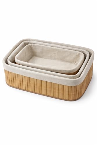 Organizer, Bambu Meyvelik Sepeti 3'lü Set – Küçük, Orta, Büyük Boy – Çıkarılabilir Kumaş Astarlı – Doğal Ahşap Dekoratif Tezgah & Masa Üstü (Large)