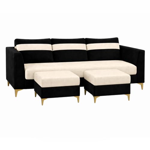 Image of FURNY Nova 5 Seater L Shape Sofa Set with 2 Movable Ottoman | Flexible Left or Right Layout | Plush Velvet Fabric (Black-Cream) | Perfect for Living Room, Guest Room & Office